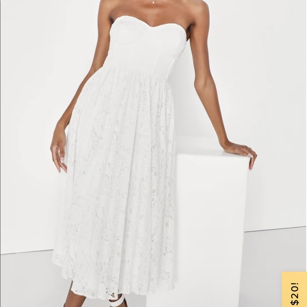 Exquisite Aura White Lace Strapless Bustier Midi Dress